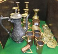 Two pairs of brass candlesticks, two further brass candlesticks, various copper measures, Indian