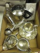 A box of assorted plated wares, to include a three piece tea set, sauce boat, sugar caster, etc, and