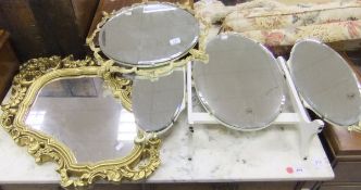 Two gilt framed wall mirrors and a painted dressing mirror