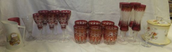 A selection of 16 ruby and clear glass cut drinking vessels to include tumblers and wines, a 19th