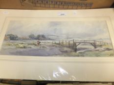 M.P. "Blakeney", a marshland scene with bridge and figure in foreground, watercolour, initialled