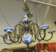 A six branch electrolier with blue and white pottery decoration in the Flemish taste and with