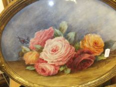 MADELEINE RENAUD "Roses", a still life study, watercolour, oval, signed bottom right, together