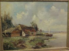 VENIMIGA? "Cottage by lakeland with moored boat", oil on canvas, indistinctly signed    CONDITION