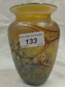 An Okra glass vase with iridescent finish, flowers and branches initialled PBV and No'd 86-27