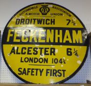 A circular enamelled AA road sign inscribed "Feckenham" and  "Droitwich 7½ Alcester 6¼ London 104¼