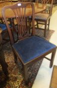 A harlequin set of 5 Edwardian mahogany dining chairs with blue upholstered seats and a further