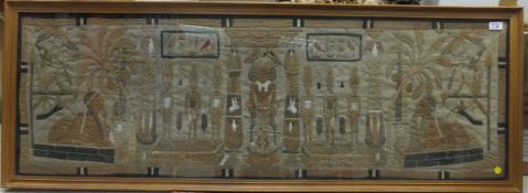 A 19th Century Egyptian patchwork panel depicting figures and sphinxes within a temple and palm