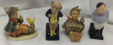 A Royal Doulton "Fat Boy" figure, a Royal Doulton "Pickwick" figure, together with two Goebel Hummel