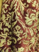 A pair of chenille interlined curtains, the red ground with gold floral decoration, together with