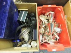 A box containing assorted Kings pattern plated cutlery, together with various plated goblets, and