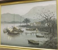 ORIENTAL SCHOOL "Junks on water", oils on canvas, indistinctly signed   CONDITION REPORTS  Overall