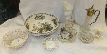 A collection of decorative ceramics and glass to include a Herend porcelain basket, two further