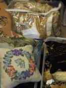 Two boxes of assorted scatter cushions to include one with beadwork decoration, together with a