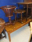 A rectangular oak side table, a circular oak centre table, a mahogany framed jardinier and a