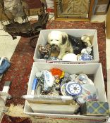 Two boxes of miscellaneous items to include ceramic fireside sheepdog, Beswick golden eagle