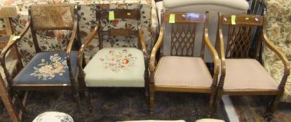 A pair of circa 1900 Sheraton revival mahogany armchairs on turned front legs and sabre back legs,