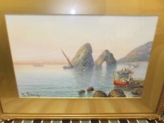 M GIANNI "Fishing boats on Mediterranean coastline at sunset", watercolour, gouache, signed bottom