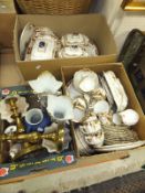 Two boxes containing various Edwardian transfer decorated and gilt highlighted dinner and tea wares,