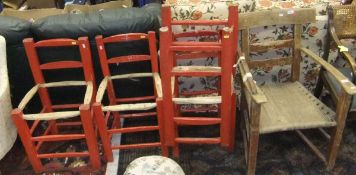 A set of four red painted Irish hedge type chairs and a 19th Century Provincial Irish elbow chair
