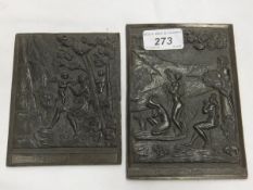 A Continental relief work bronze panel depicting Venus bathing, bears inscription to base,