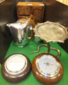 A picquot ware teapot, coffee pot, cream jug and sugar pot, two aneroid barometers, a mahogany