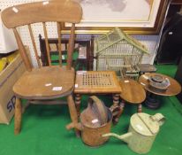 A child's stick back chair with oak seat, a vintage toy watering can, two small footstools, green