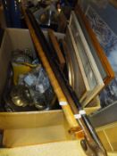 A box of sundry items to include various pictures, walking sticks, five Bryant & May floral