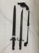Three bayonets with scabbards, together with a replica Olympic 6 pistol   CONDITION REPORTS  Total