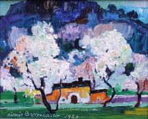 DIONIS BENNÁSSAR (1904-1967) "Cala San Vicente", rural scene with trees and blossom with building