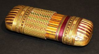 A Napoleonic straw work box of rounded rectangular form decorated with stripe and chevron banding in
