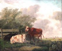 19TH CENTURY DUTCH SCHOOL "Cattle in a landscape with windmills and town in background", oil on