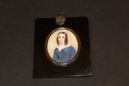 ENGLISH SCHOOL "Lady in blue dress with hair in ringlets", miniature portrait study, oval, oil on