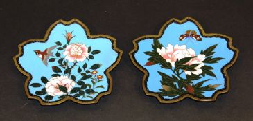 A pair of late 19th/early 20th century Chinese cloisonné dishes of leaf form, one depicting