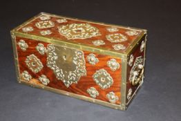 A 19th Century Indian rosewood and brass bound box with secret side compartment, 38 cm wide x 18