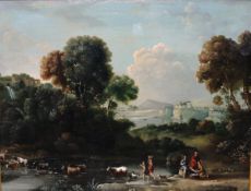 JACKSON "Continental landscape with figures and cattle and goats crossing water in foreground,