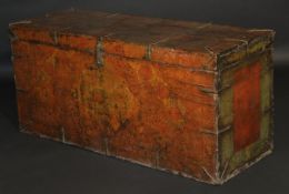 A 19th Century Chinese pine trunk with painted fabric covering and all-over scrolling foliate and