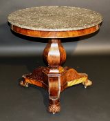 A 19th Century mahogany centre table in the Louis Philippe taste, the white veined grey marble