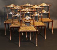 A set of six late Regency stained beech simulated rosewood dining chairs, the carved and shaped