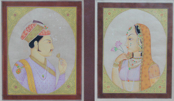 19TH CENTURY MOGHUL SCHOOL "Young prince with cup in hand" and "Young princess with flowers in