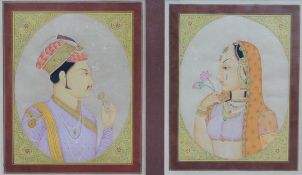 19TH CENTURY MOGHUL SCHOOL "Young prince with cup in hand" and "Young princess with flowers in