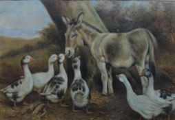 HERBERT WILLIAM WEEKES (1860-1904) "Geese and donkey", oil on board, signed bottom left, 34 cm x