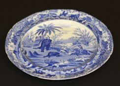 A Spode blue and white "Indian Sporting Series - Death of the Bear" pattern circular plate, bears