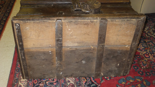 An oak strong box with iron embellishments and fixed iron handles, heavy padlock and key,80 cm x - Image 13 of 20