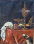 ATTRIBUTED TO FRANS SNYDERS (1579-1657) "Dining table with fruit and bowls, plates, goblet, etc, a