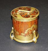 An Art Nouveau tobacco jar by Fisher, London, the cylindrical rosewood body with brass inlay in