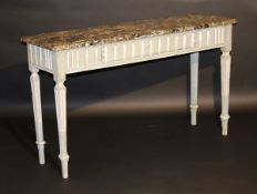 A 19th Century Continental painted side table, the white veined grey marble top over a fluted and