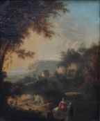 CIRCLE OF GASPAR DUGHET / POUSSIN (1615-1675) "Landscape with dwellings in background and figures in