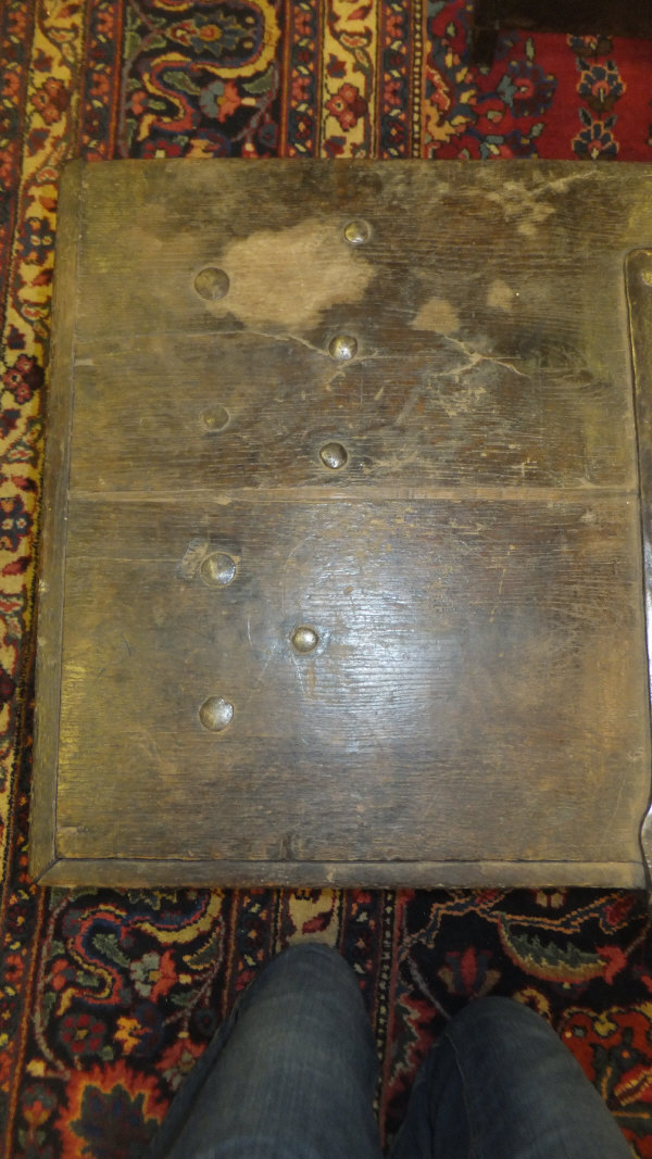 An oak strong box with iron embellishments and fixed iron handles, heavy padlock and key,80 cm x - Image 14 of 20