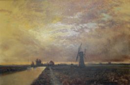 GERALD COULSON (1900- ) "East Anglian windmill with dyke and sailboat at sunset", oil on canvas,